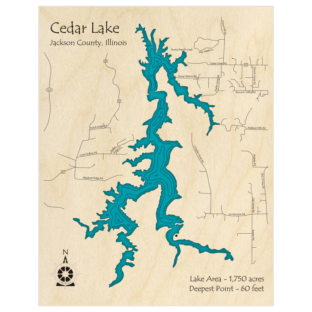 Bathymetric topo map of Cedar Lake with roads, towns and depths noted in blue water