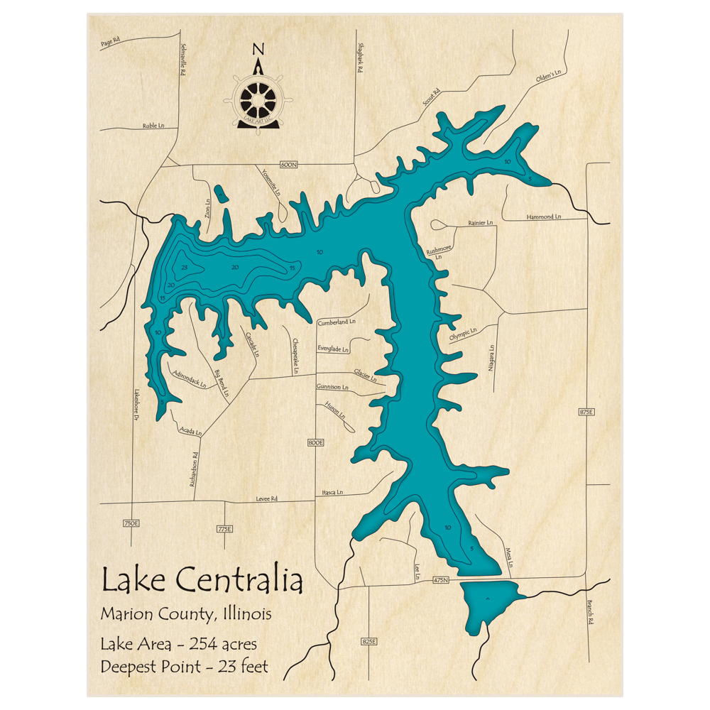 Bathymetric topo map of Lake Centralia with roads, towns and depths noted in blue water