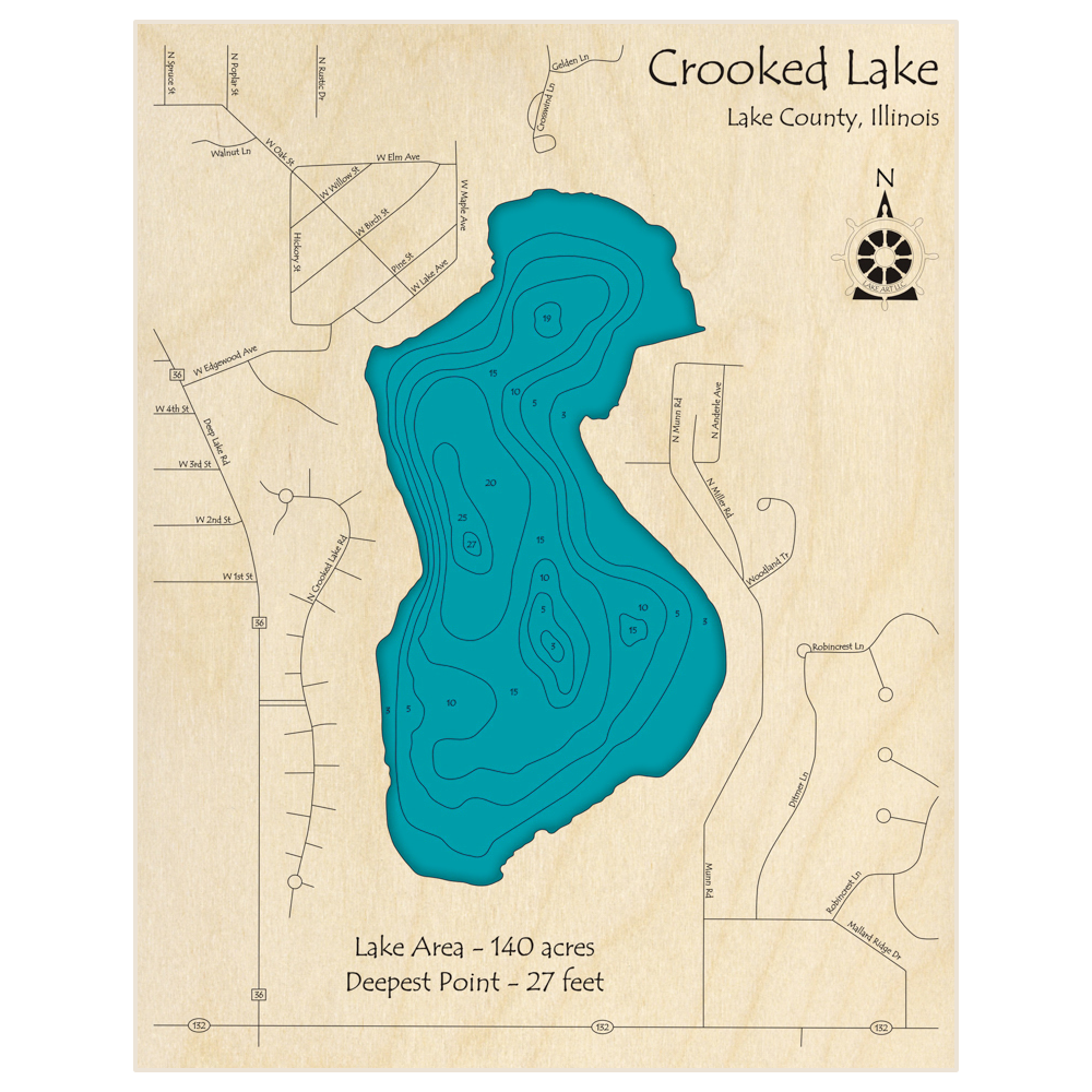 Bathymetric topo map of Crooked Lake with roads, towns and depths noted in blue water