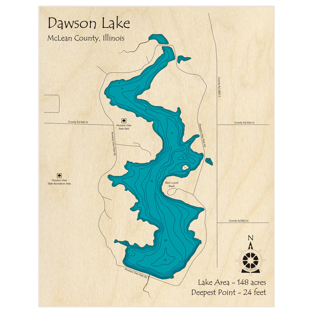 Bathymetric topo map of Dawson Lake with roads, towns and depths noted in blue water