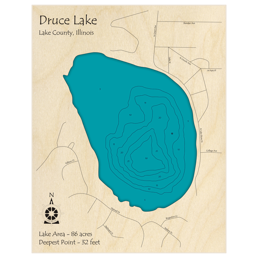 Bathymetric topo map of Druce Lake with roads, towns and depths noted in blue water