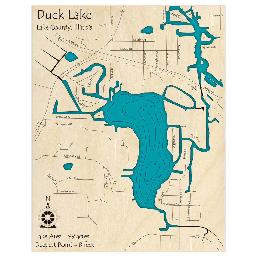 Bathymetric topo map of Duck Lake with roads, towns and depths noted in blue water