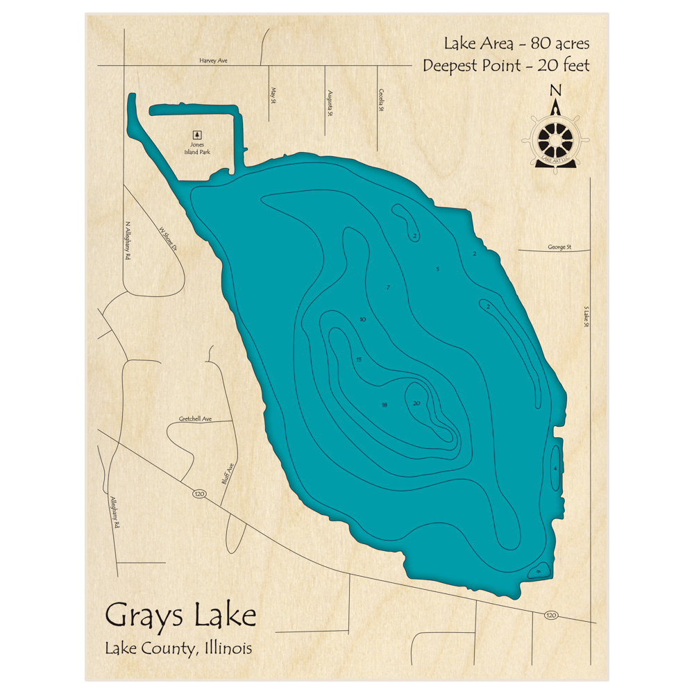 Bathymetric topo map of Grays Lake with roads, towns and depths noted in blue water