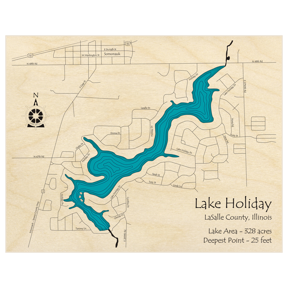 Bathymetric topo map of Lake Holiday  with roads, towns and depths noted in blue water