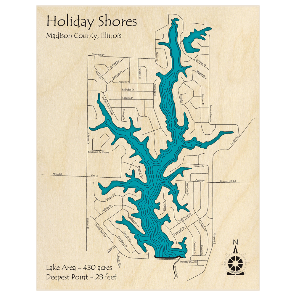 Bathymetric topo map of Holiday Shores  with roads, towns and depths noted in blue water