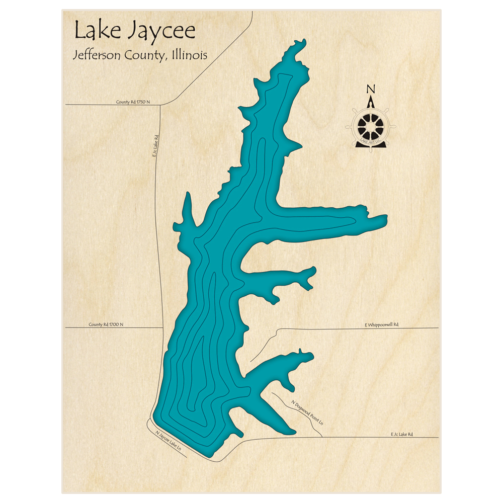 Bathymetric topo map of Jaycee Lake  with roads, towns and depths noted in blue water