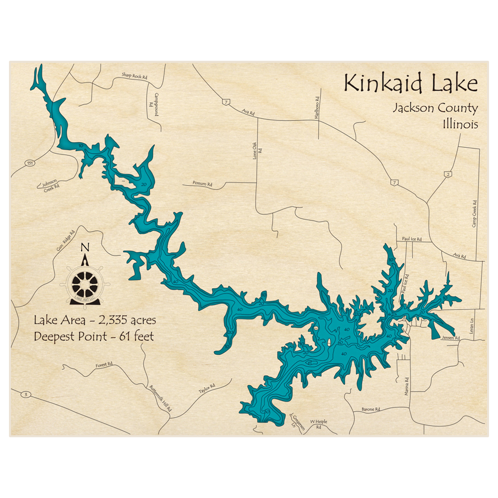 Bathymetric topo map of Kinkaid Lake with roads, towns and depths noted in blue water