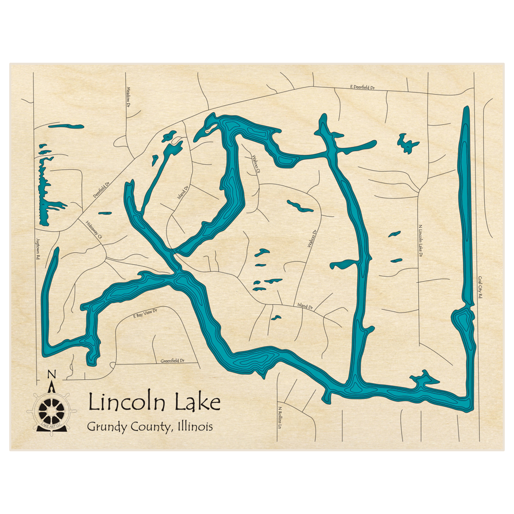 Bathymetric topo map of Lincoln Lake  with roads, towns and depths noted in blue water