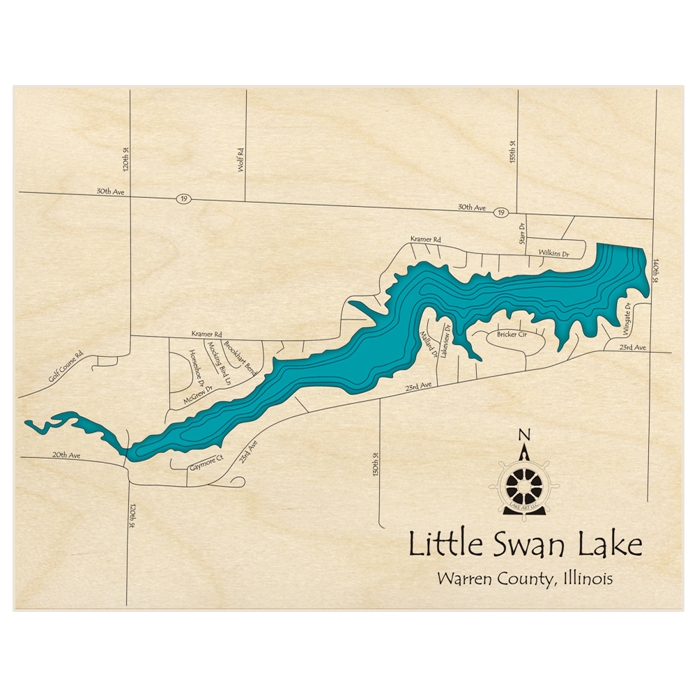 Bathymetric topo map of Little Swan Lake  with roads, towns and depths noted in blue water