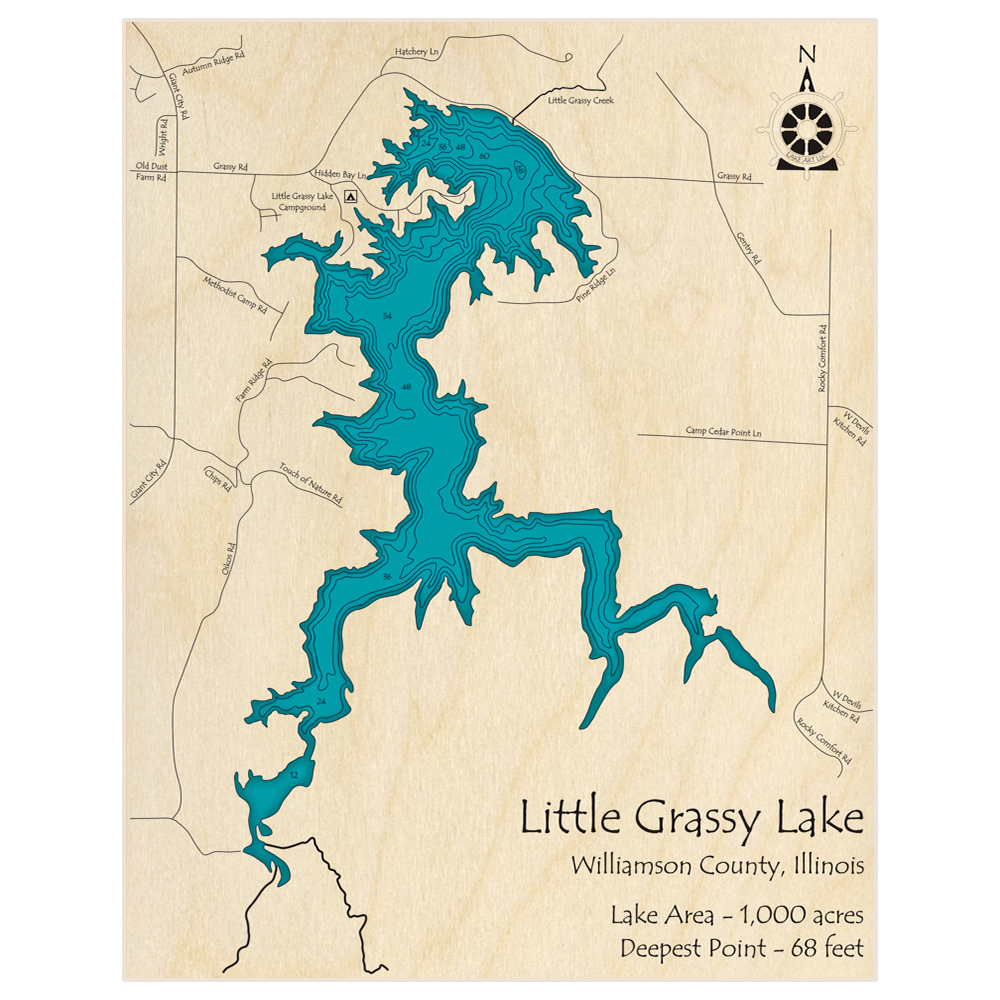 Bathymetric topo map of Little Grassy Lake with roads, towns and depths noted in blue water