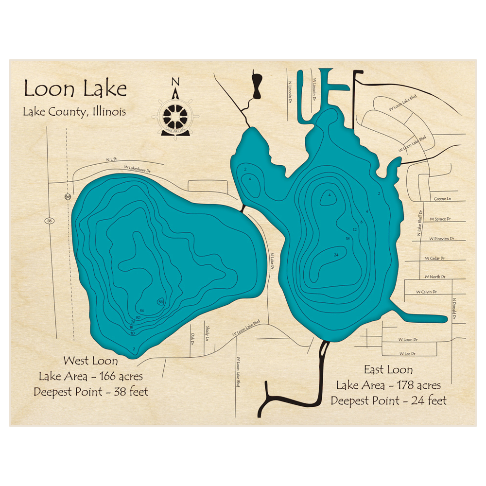Bathymetric topo map of Loon Lake (east and west) with roads, towns and depths noted in blue water