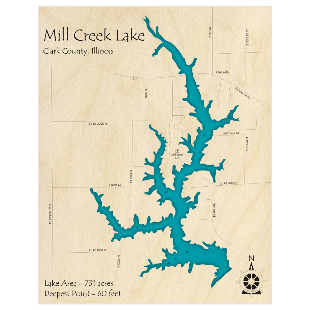 Bathymetric topo map of Mill Creek Lake with roads, towns and depths noted in blue water