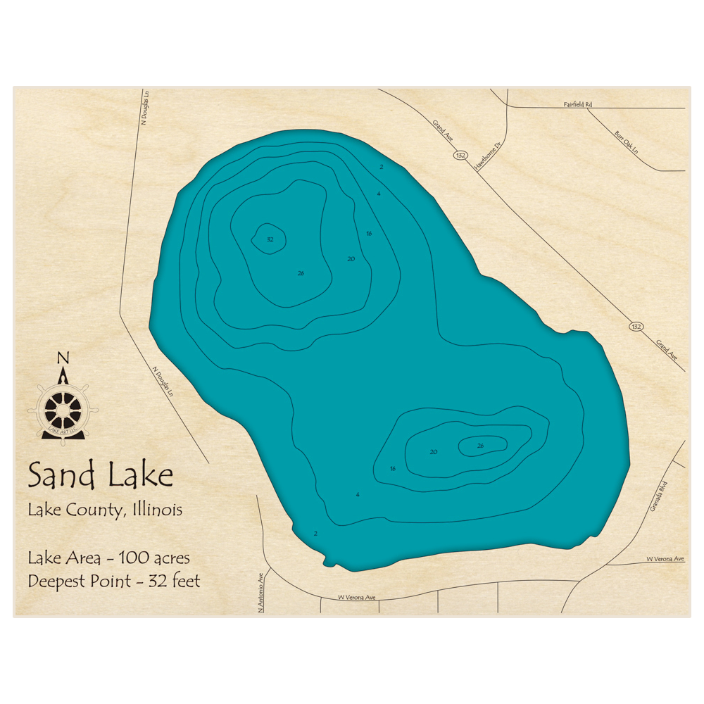 Bathymetric topo map of Sand Lake with roads, towns and depths noted in blue water