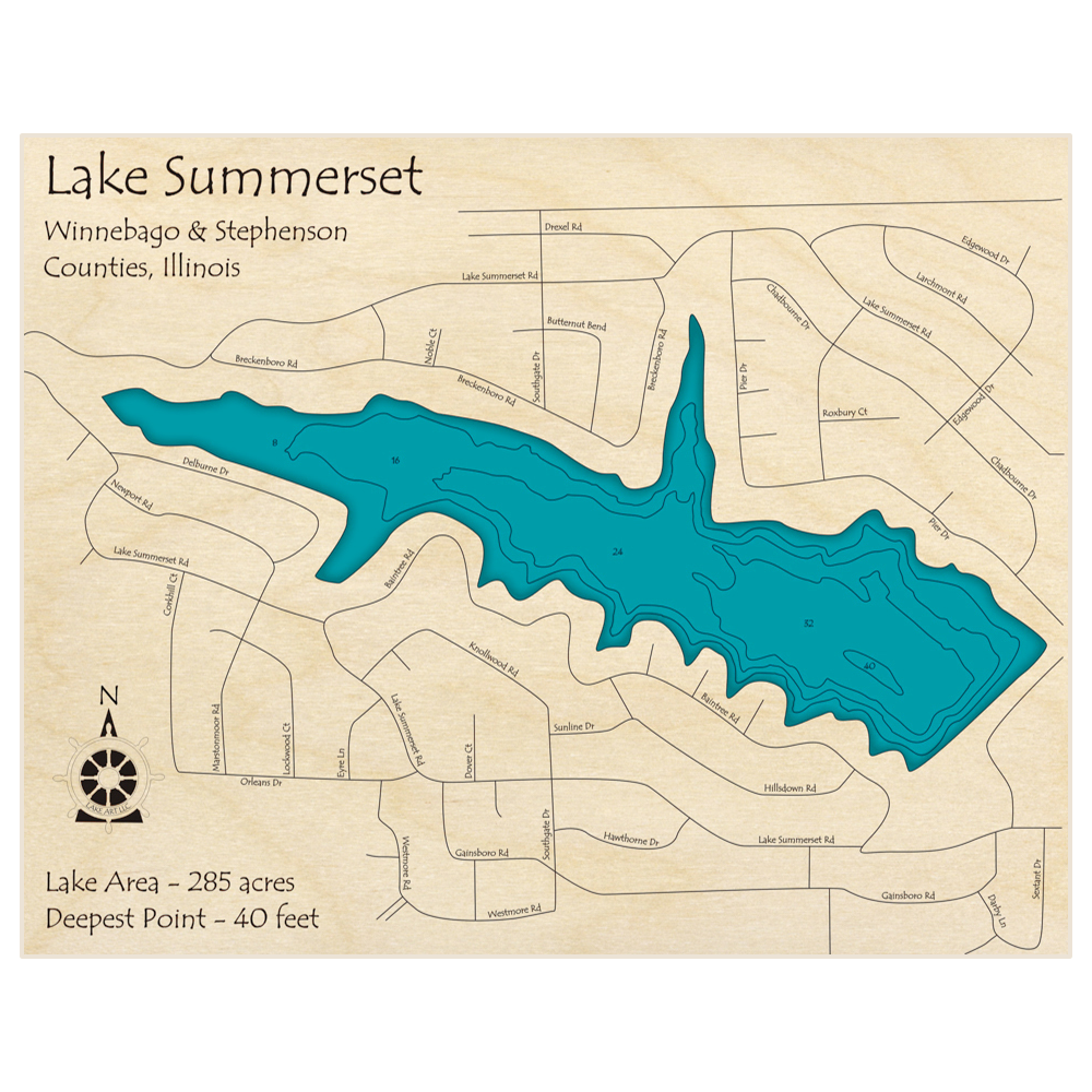 Bathymetric topo map of Lake Summerset with roads, towns and depths noted in blue water