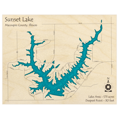 Bathymetric topo map of Sunset Lake with roads, towns and depths noted in blue water