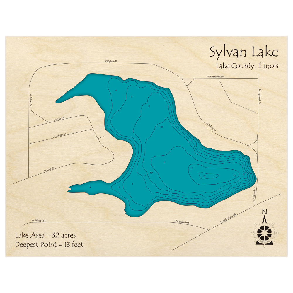 Bathymetric topo map of Sylvan Lake with roads, towns and depths noted in blue water