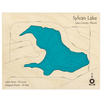 Bathymetric topo map of Sylvan Lake with roads, towns and depths noted in blue water