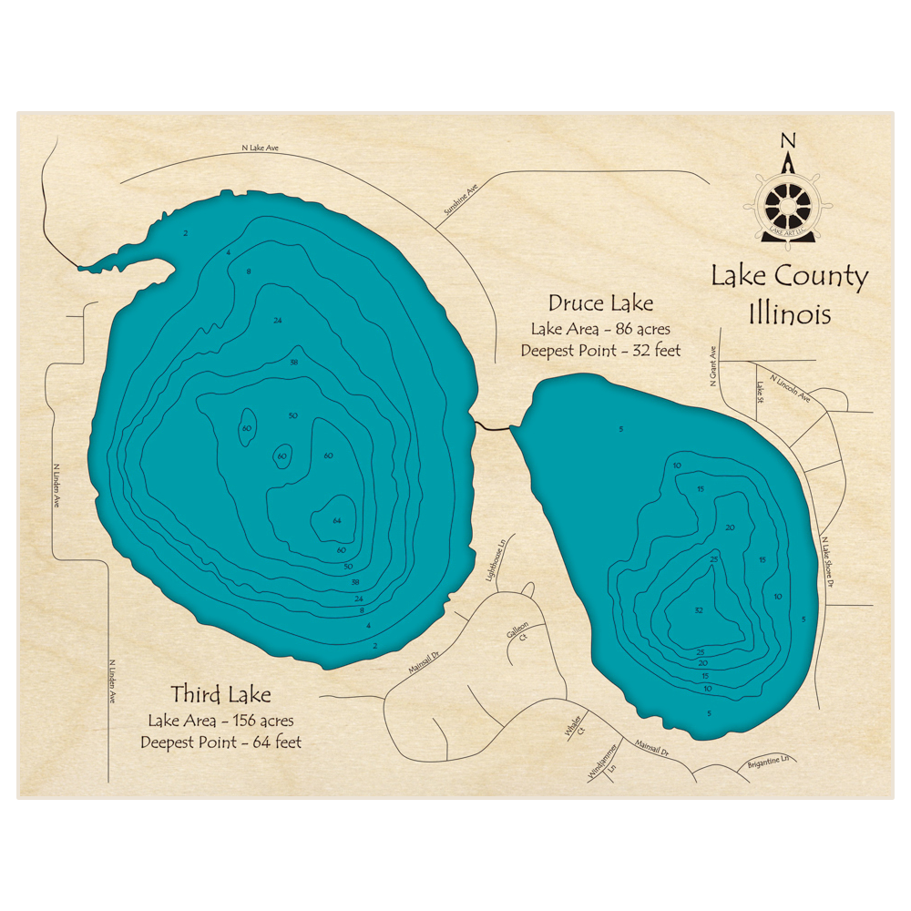 Bathymetric topo map of Third and Druce Lakes with roads, towns and depths noted in blue water