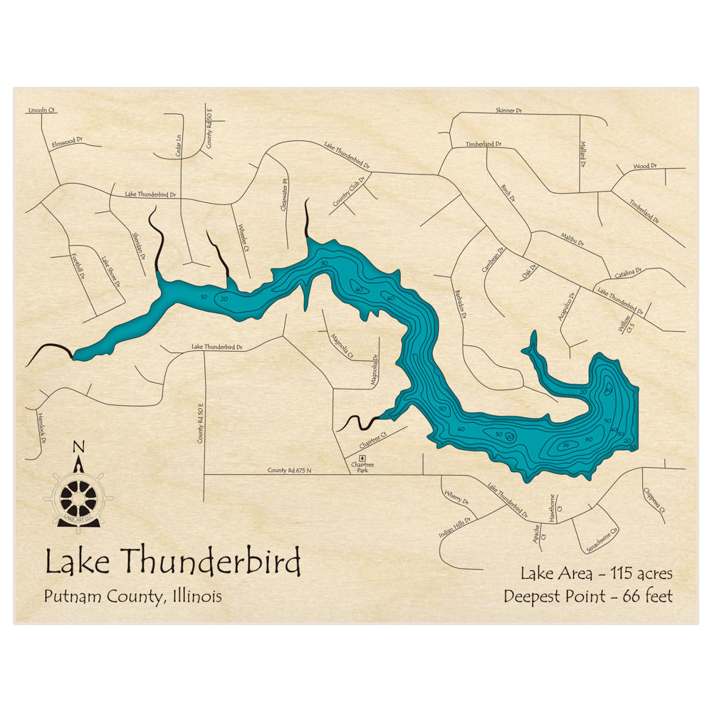 Bathymetric topo map of Lake Thunderbird with roads, towns and depths noted in blue water