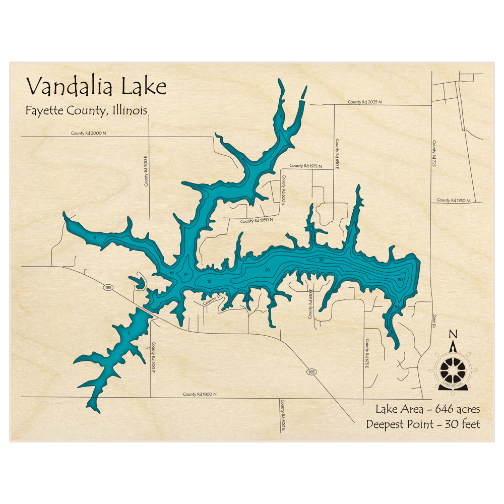 Bathymetric topo map of Vandalia Lake with roads, towns and depths noted in blue water