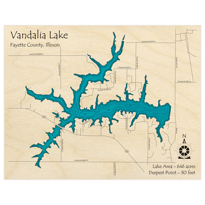 Bathymetric topo map of Vandalia Lake with roads, towns and depths noted in blue water