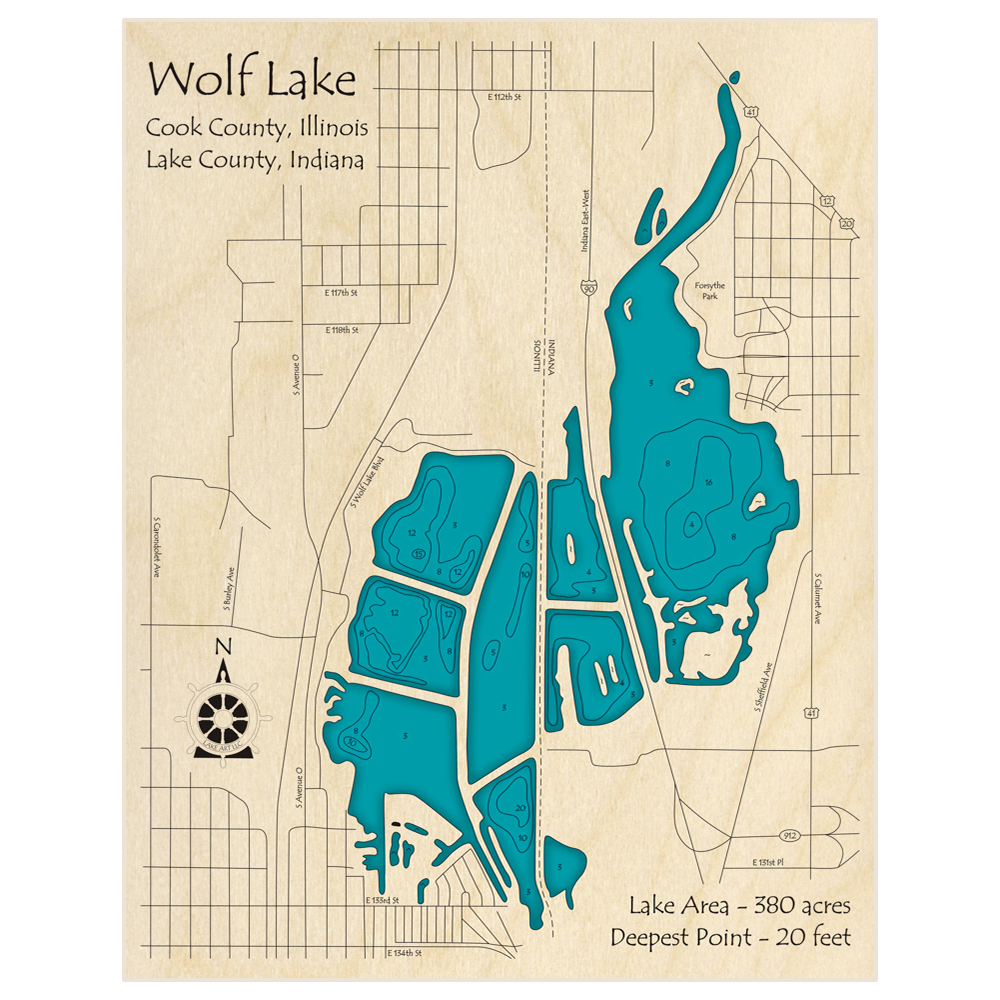 Bathymetric topo map of Wolf Lake with roads, towns and depths noted in blue water