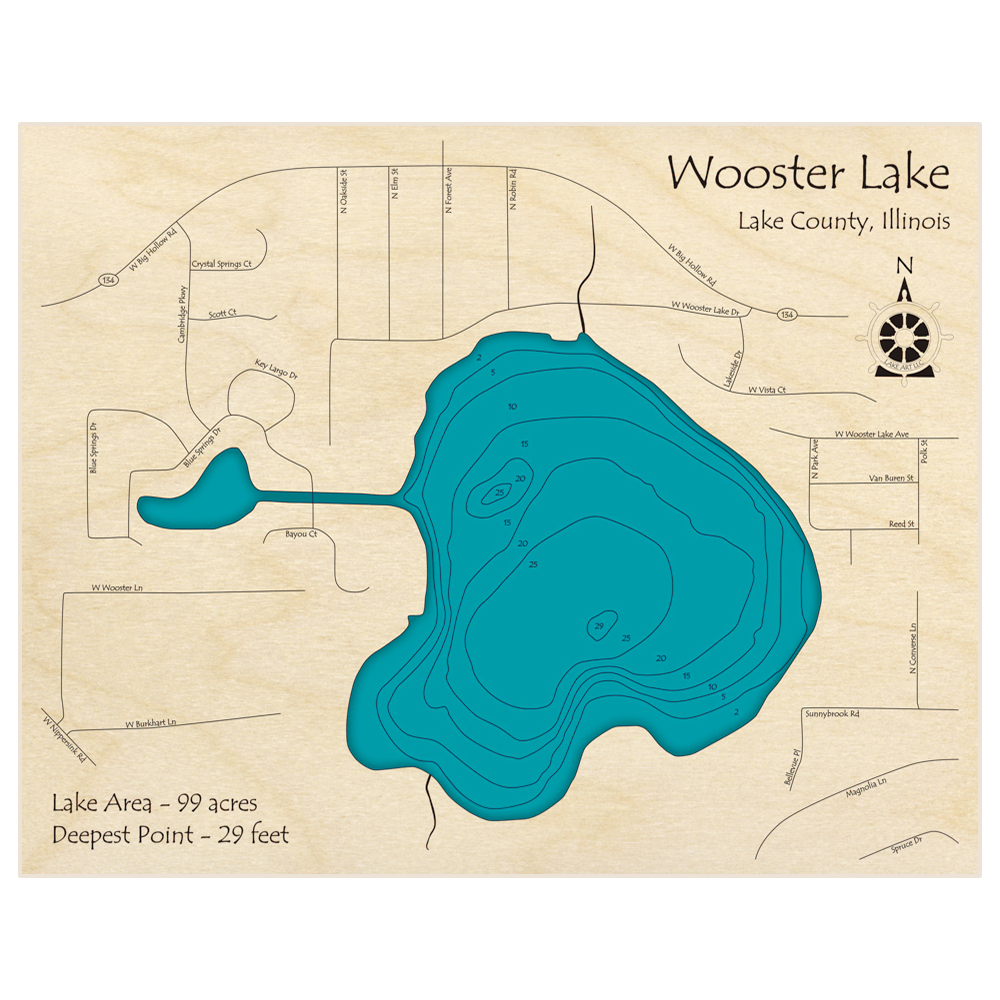 Bathymetric topo map of Wooster Lake with roads, towns and depths noted in blue water