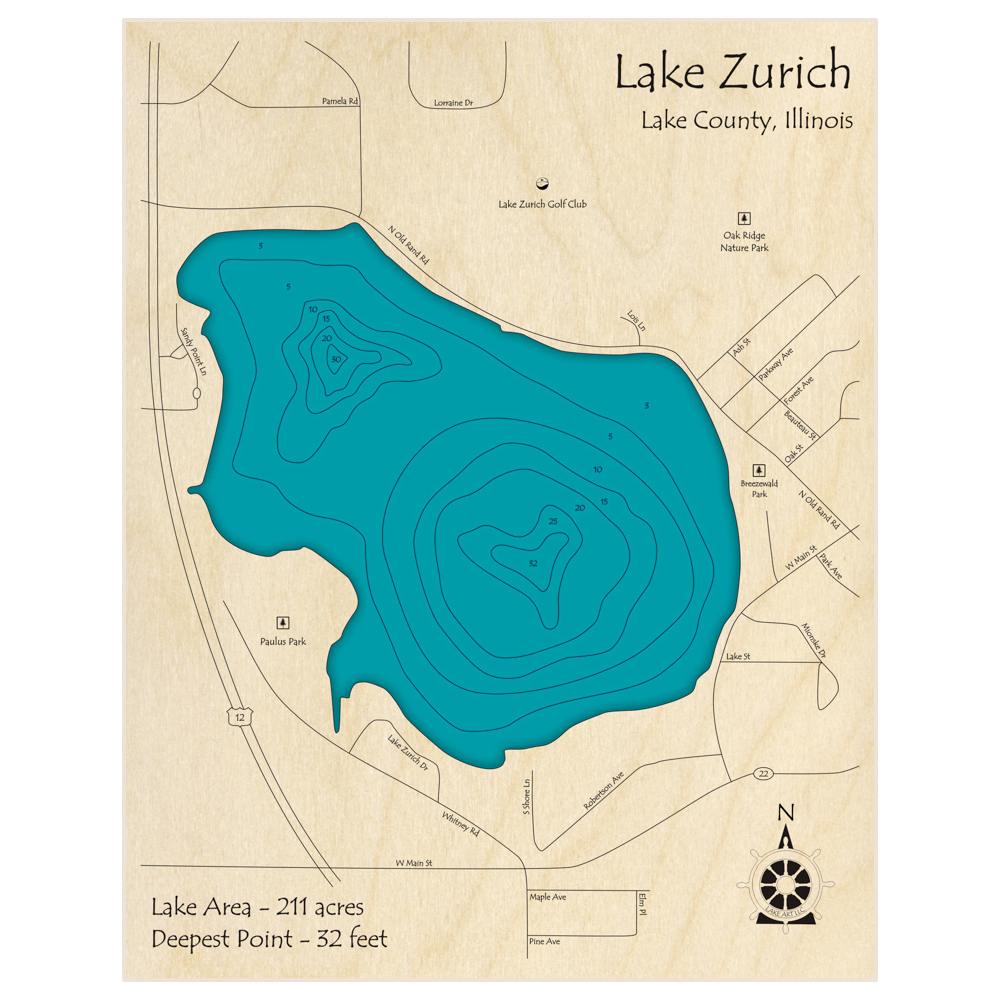 Bathymetric topo map of Lake Zurich with roads, towns and depths noted in blue water