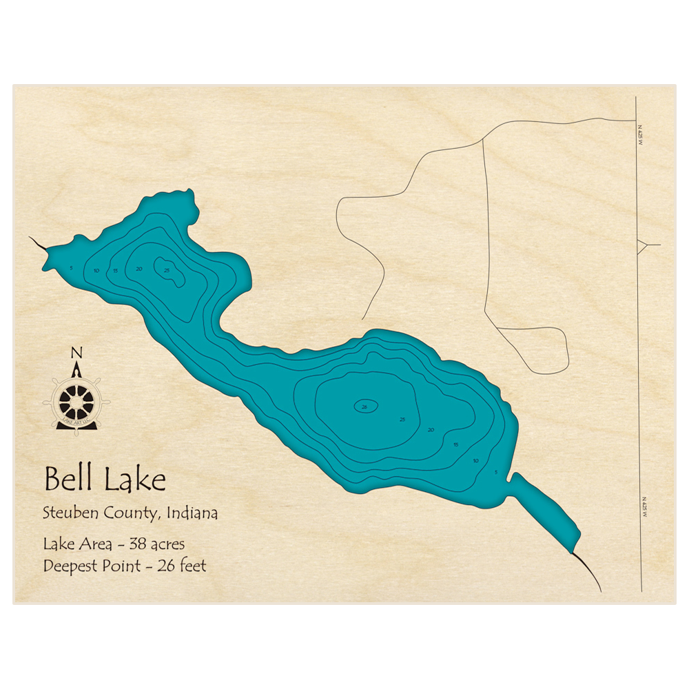 Bathymetric topo map of Bell Lake with roads, towns and depths noted in blue water