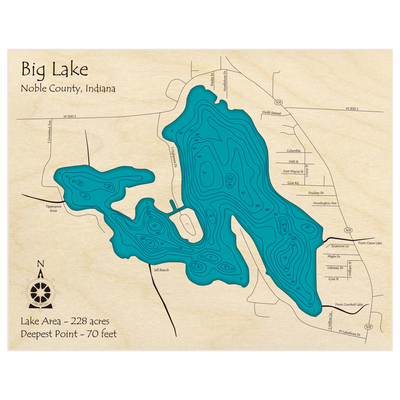 Bathymetric topo map of Big Lake with roads, towns and depths noted in blue water