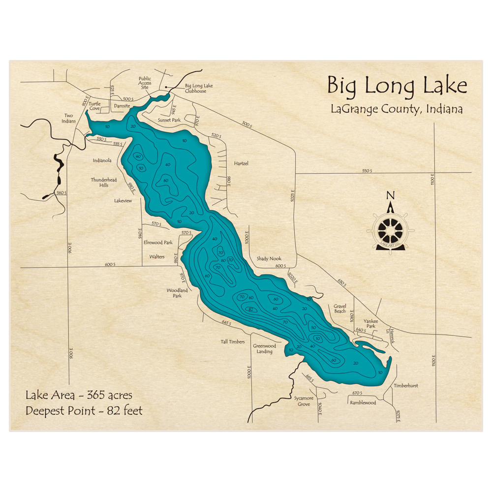 Bathymetric topo map of Big Long Lake with roads, towns and depths noted in blue water