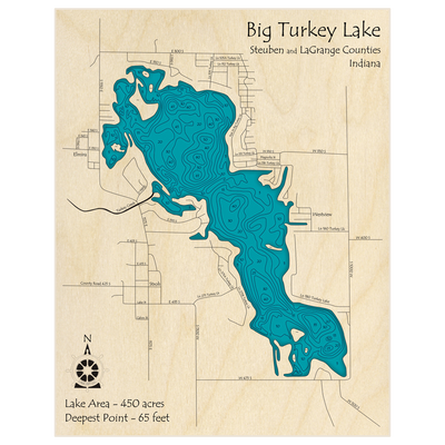 Bathymetric topo map of Big Turkey Lake with roads, towns and depths noted in blue water