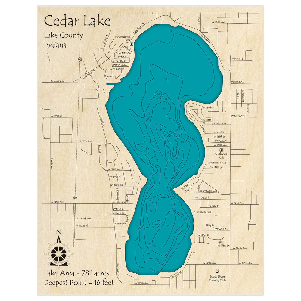 Bathymetric topo map of Cedar Lake with roads, towns and depths noted in blue water