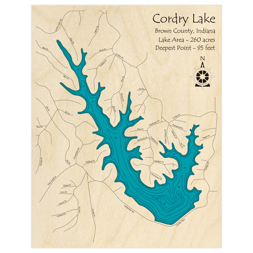 Bathymetric topo map of Cordry Lake with roads, towns and depths noted in blue water