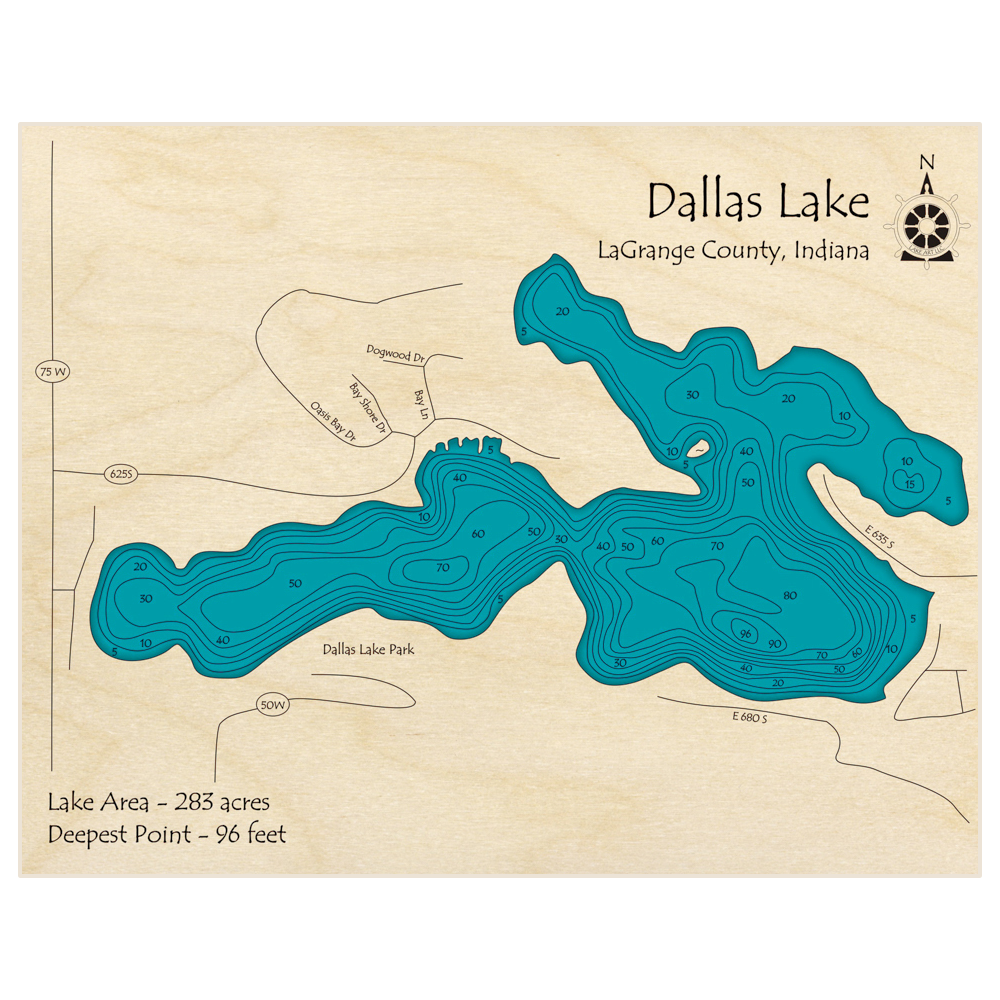 Bathymetric topo map of Dallas Lake with roads, towns and depths noted in blue water