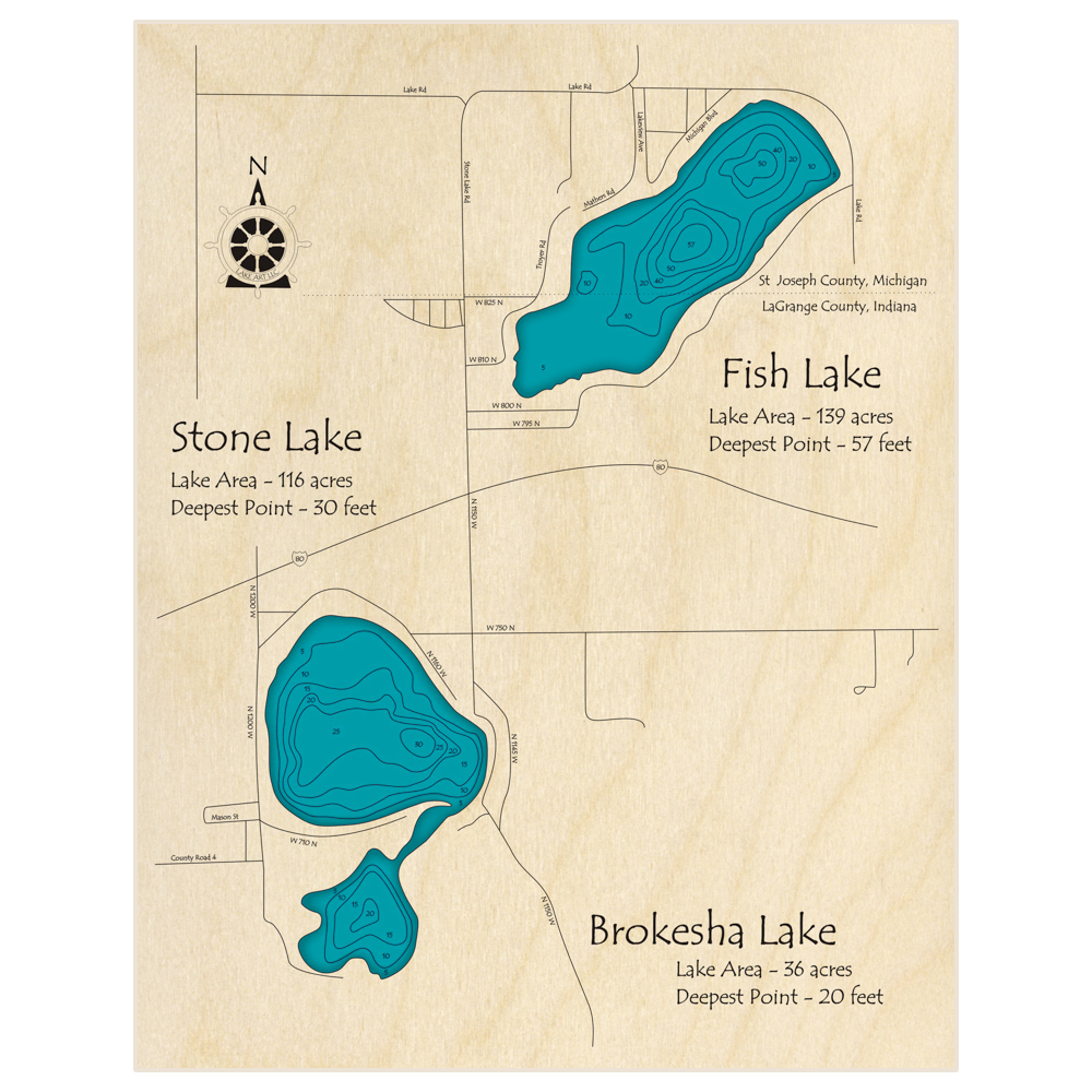 Bathymetric topo map of Fish Lake (With Stone and Brokesha Lakes) with roads, towns and depths noted in blue water