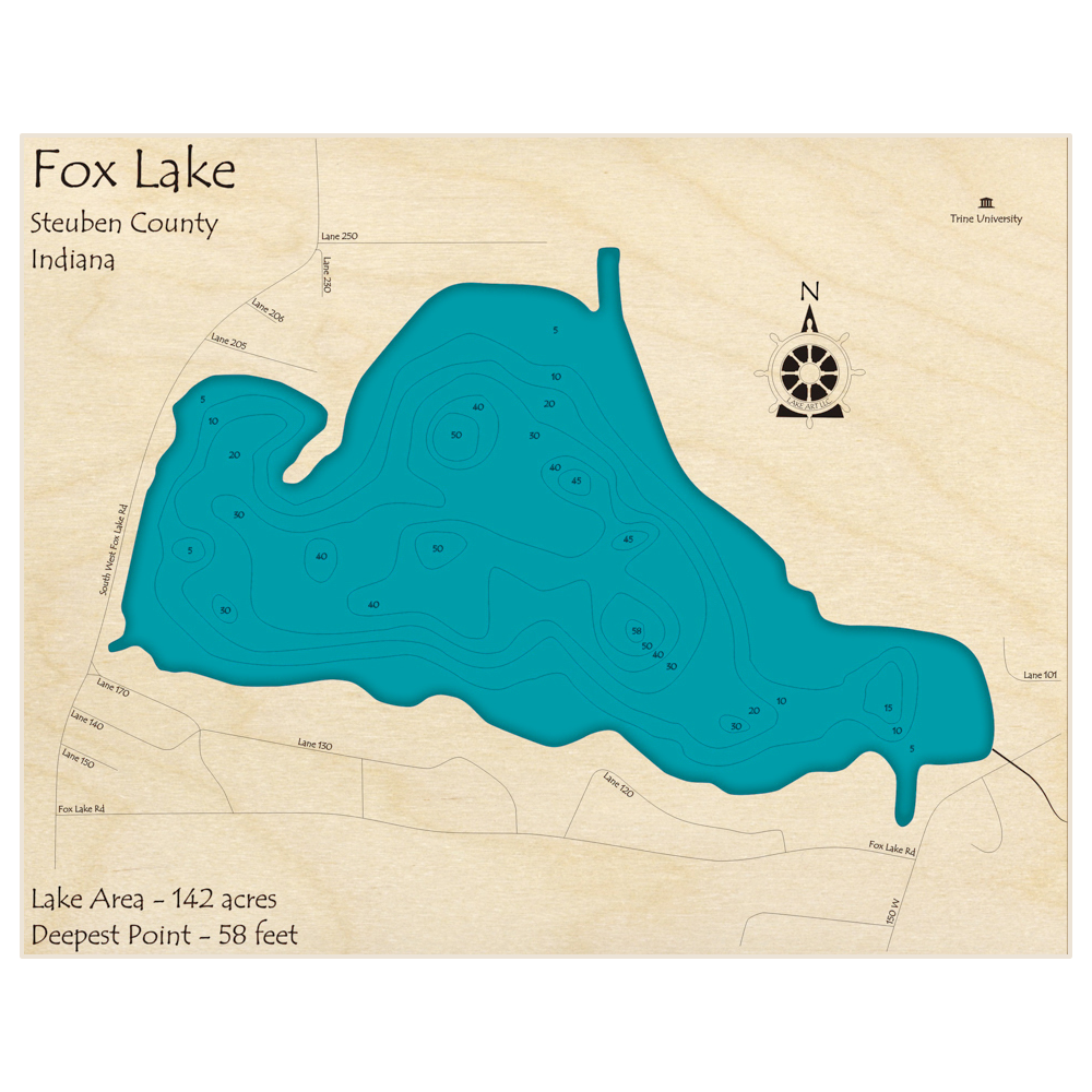 Bathymetric topo map of Fox Lake with roads, towns and depths noted in blue water