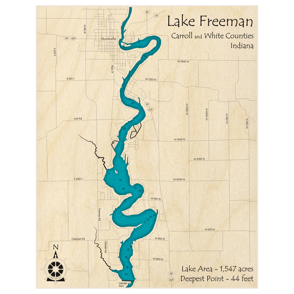 Bathymetric topo map of Lake Freeman with roads, towns and depths noted in blue water