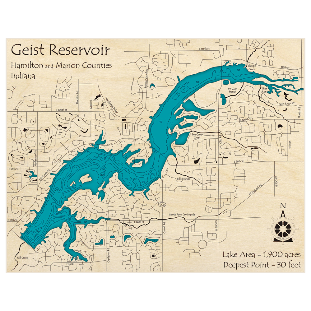 Geist Reservoir 3D Custom Wood Map – Lake Art LLC