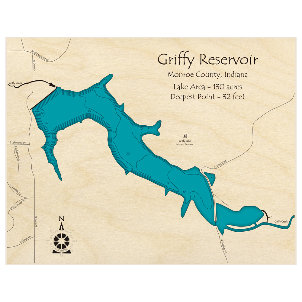 Bathymetric topo map of Griffy Reservoir with roads, towns and depths noted in blue water