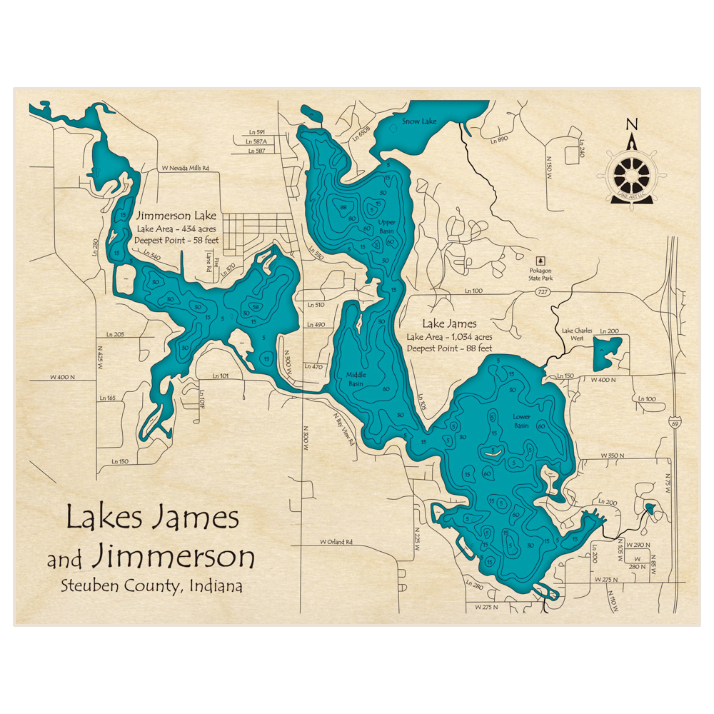 Bathymetric topo map of Lake James (With Jimmerson Lake) with roads, towns and depths noted in blue water