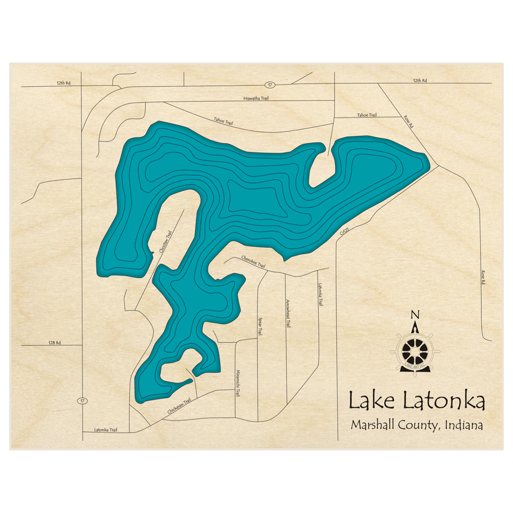 Bathymetric topo map of Lake Latonka  with roads, towns and depths noted in blue water