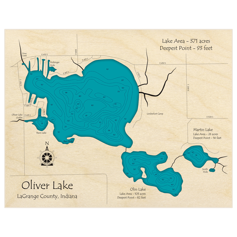 Bathymetric topo map of Oliver Lake (With Martin and Olin Lakes) with roads, towns and depths noted in blue water