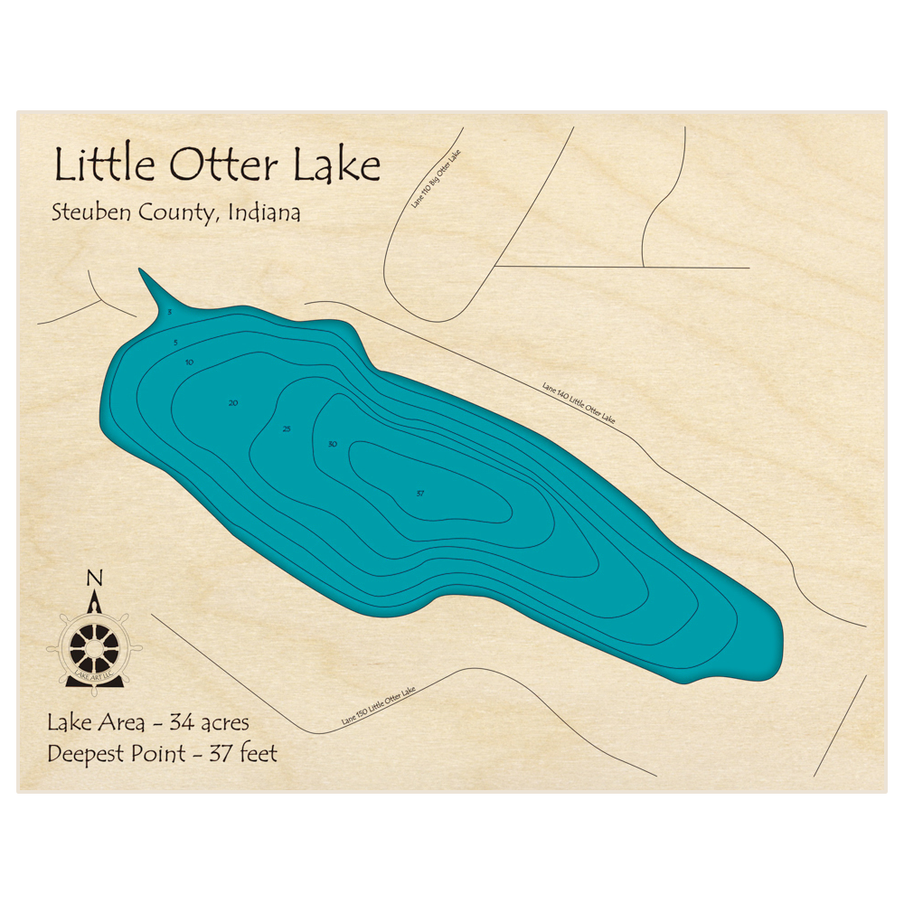 Bathymetric topo map of Little Otter Lake with roads, towns and depths noted in blue water