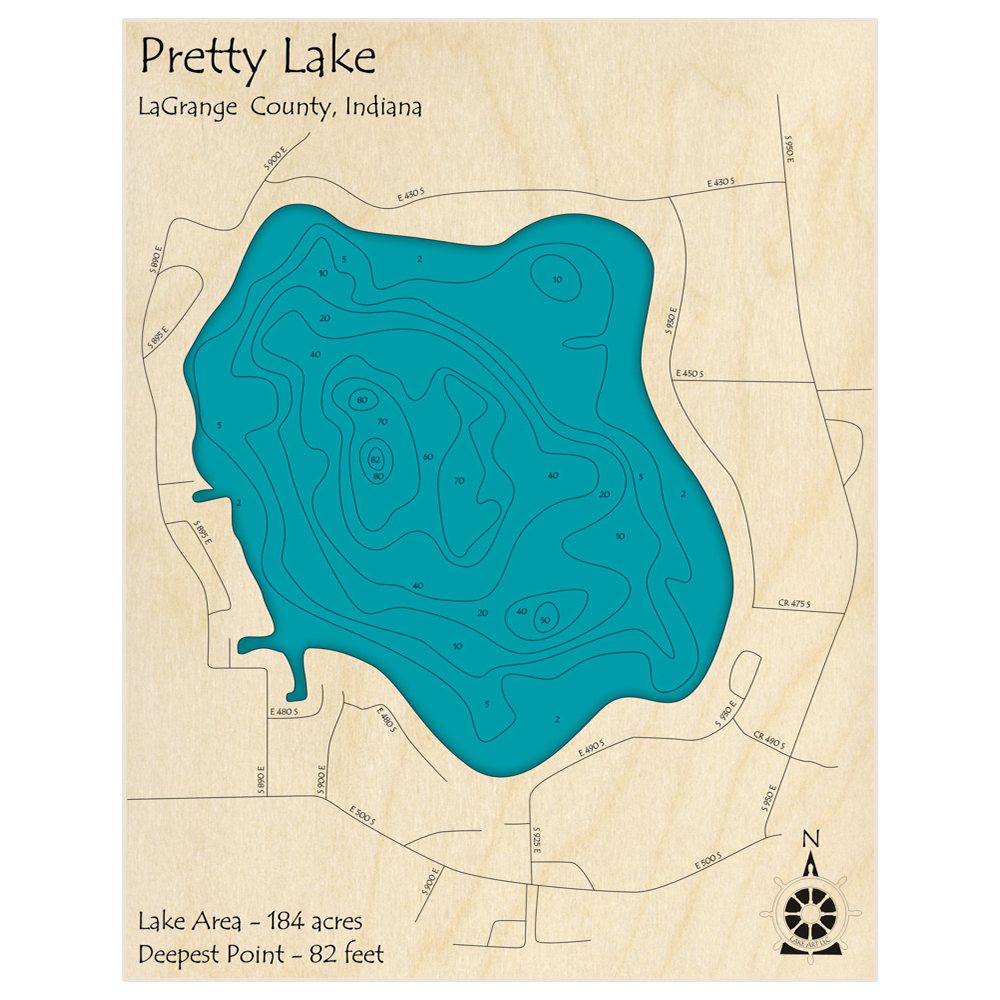 Bathymetric topo map of Pretty Lake with roads, towns and depths noted in blue water