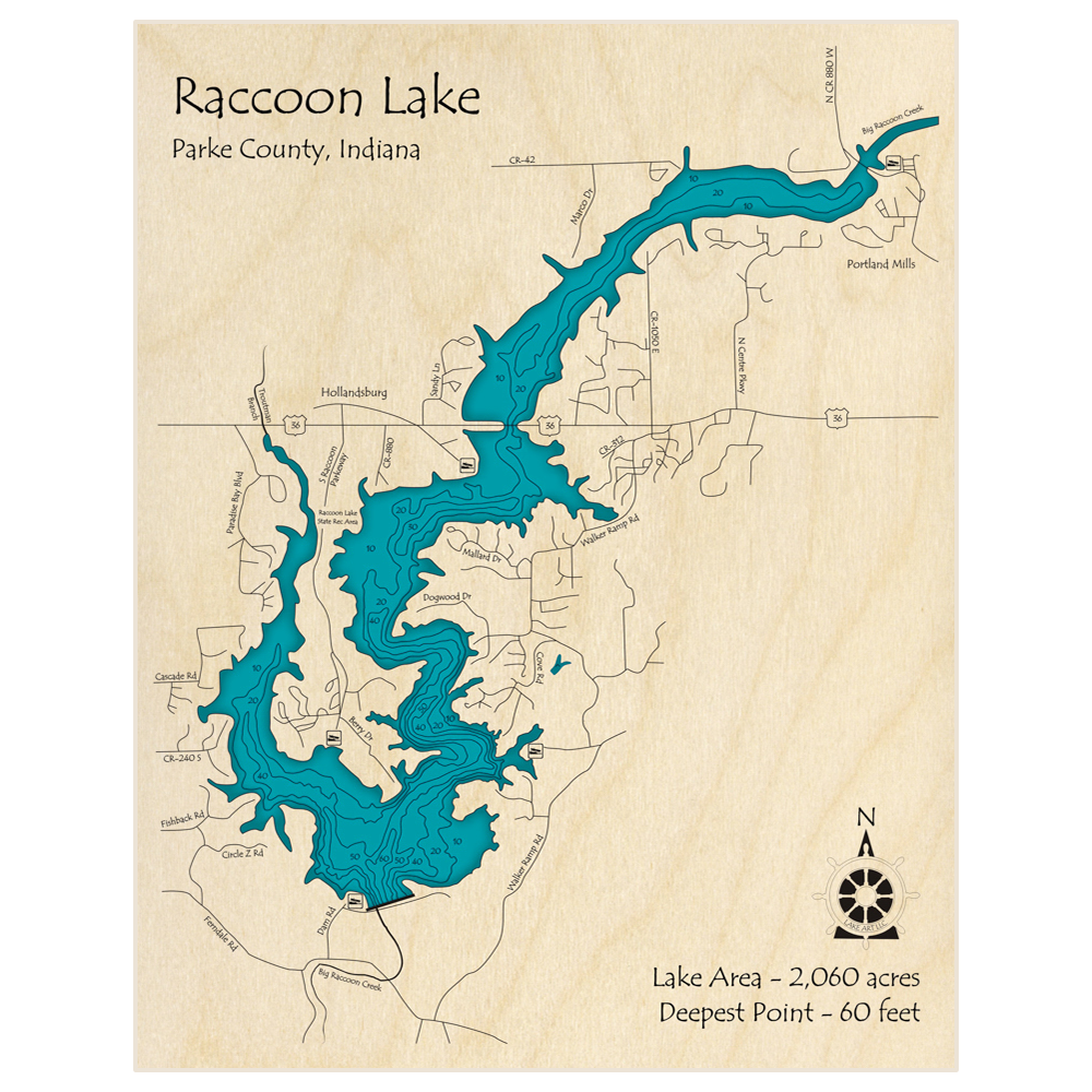 Bathymetric topo map of Raccoon Lake with roads, towns and depths noted in blue water