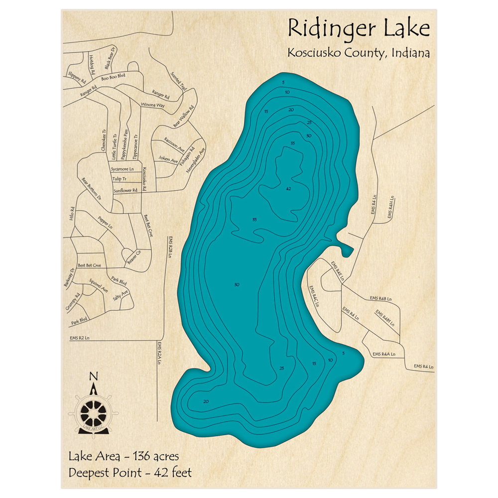 Bathymetric topo map of Ridinger Lake with roads, towns and depths noted in blue water