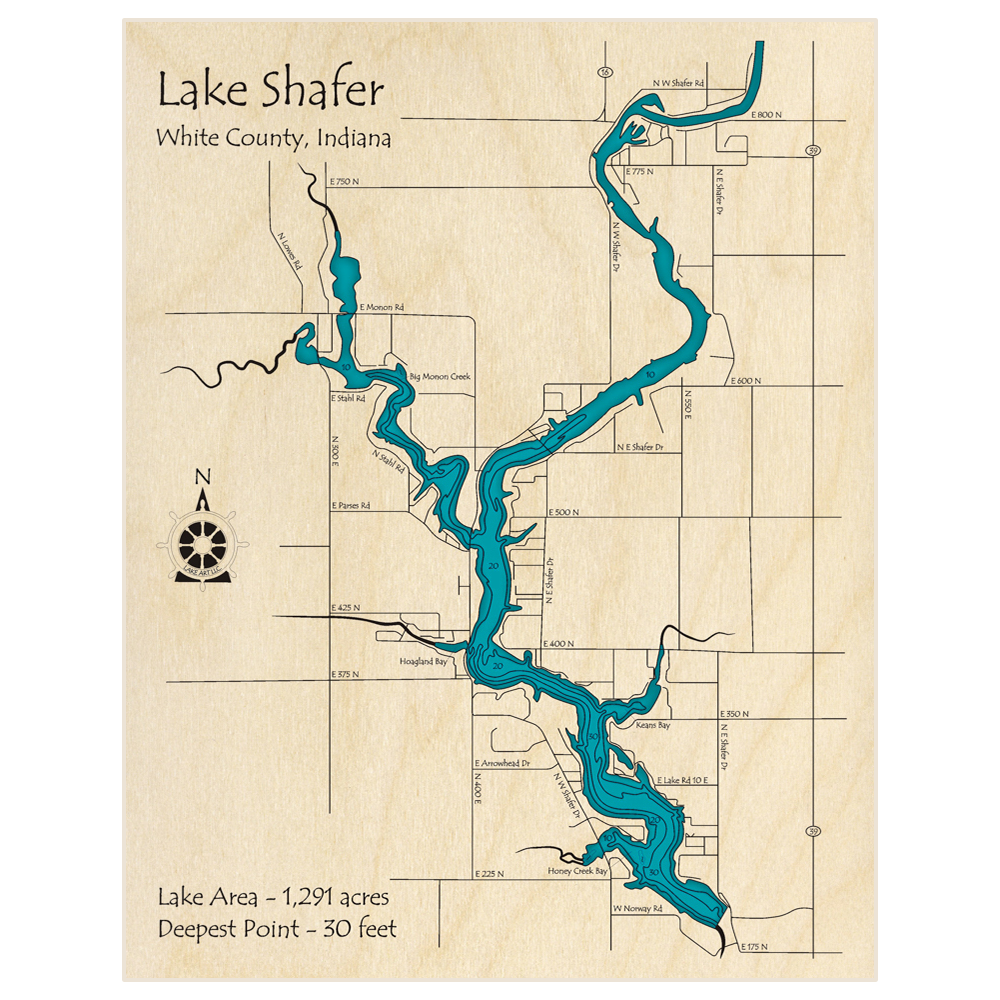 Bathymetric topo map of Lake Shafer with roads, towns and depths noted in blue water