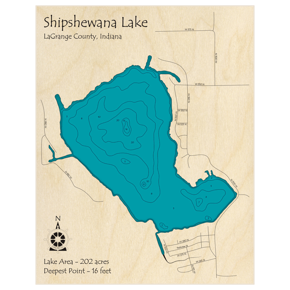 Bathymetric topo map of Shipshewana Lake with roads, towns and depths noted in blue water