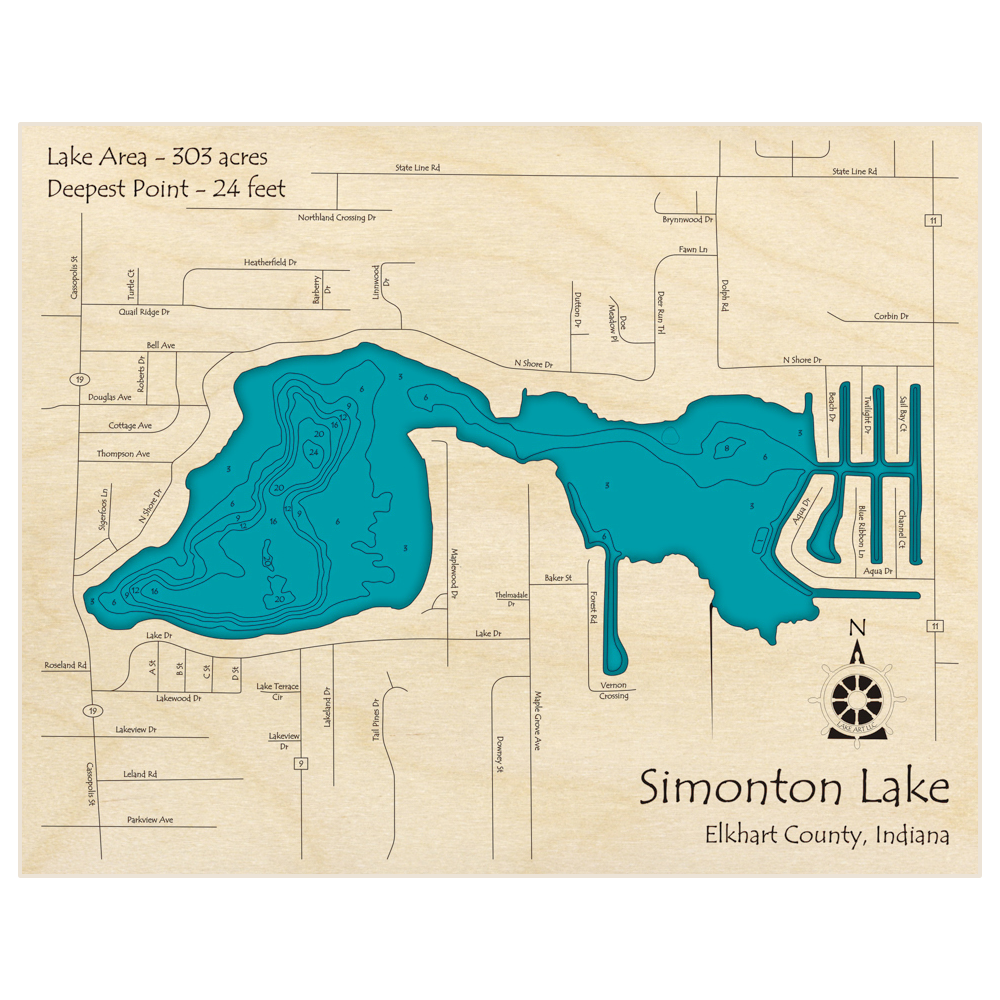 Bathymetric topo map of Simonton Lake with roads, towns and depths noted in blue water